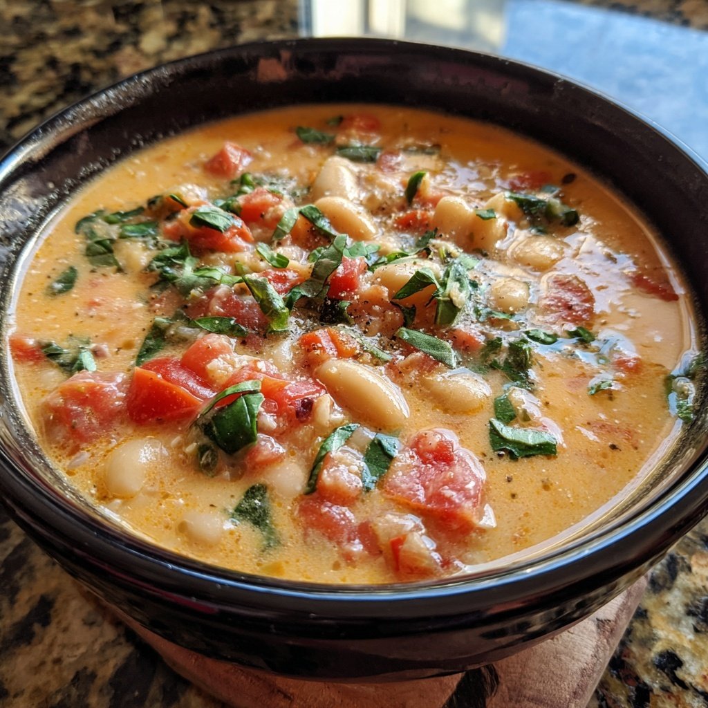 Healthy Crockpot Tomato Basil White Bean Soup